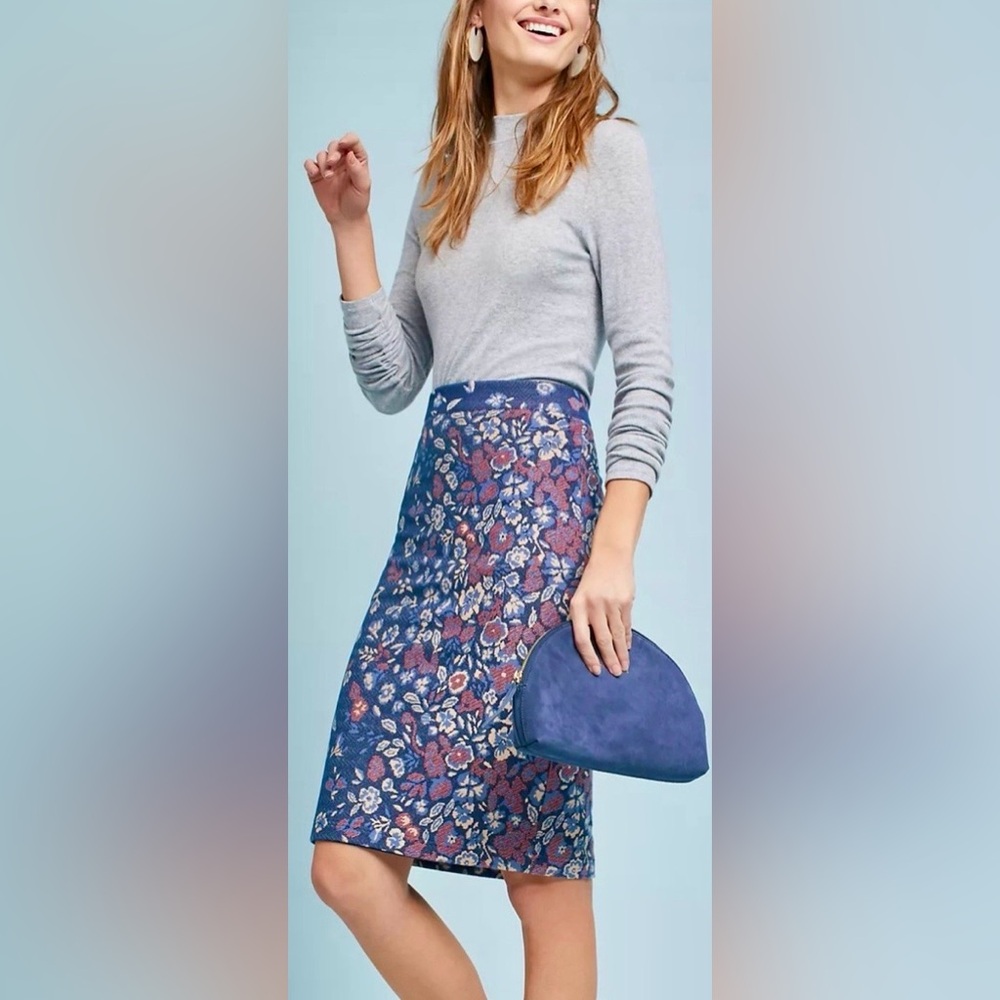 Anthropologie Maeve Gertje Blue Floral Jacquard A-Line Pencil Skirt Medium NWOT